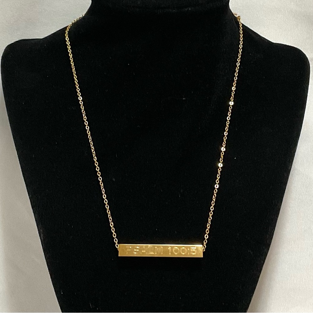 Gold Tone Slider Bar Necklace (PSALM 100:5 & STEADFAST)